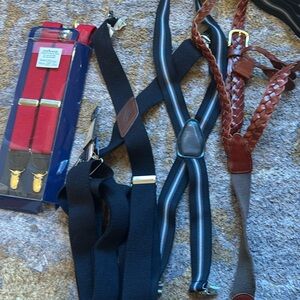 4 sets of men’s suspenders. Two have never been worn.
3 fabric, 1 leather